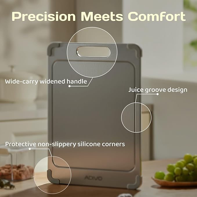 Adivo 100% Pure Titanium Cutting Boards for Kitchen, Double-Sided Pure Titanium Cutting Board with Juice Groove, Easy to Clean Chopping Board for Meat Vegetables Fruit, Dishwasher Safe (13.4x9) Medium