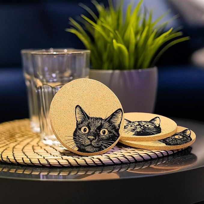 Coasters for Drinks with Holder Set of 6, Curious Cat Cork Coaster Absorbent for Office Desk Cat Table Coasters Kitchen Decor House Warming Gifts for New Home Couples, Round 4"