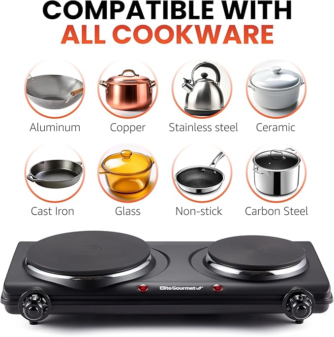 Elite Gourmet EDB-302BF# Countertop Double Cast Iron Burner,1500 Watts Electric Hot Plate,Temperature Controls,Power Indicator Lights,Easy to Clean,Black,(Pack of 3)