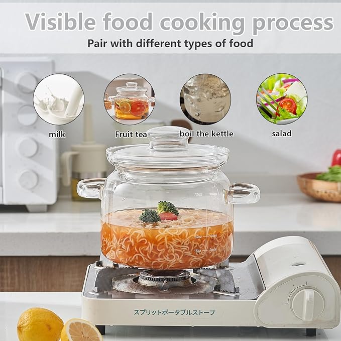 Jjojcll 2.3L(75oz) Glass Cooking Pot with Lid，Handmade Borosilicate Glass Stockpot with Graduations - Glass Saucepan with Cover for Cooking and Serving