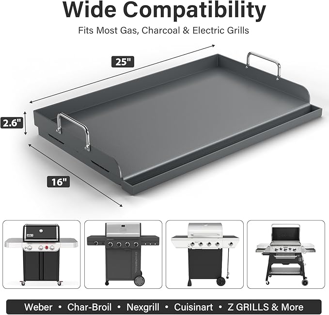 25" x 16" Nonstick Cast Iron Flat Top Griddle - Universal Grill Insert with Grease Groove & High Sidewalls, Fits Gas/Charcoal/Electric Grills (Weber, Charbroil, Nexgrill)