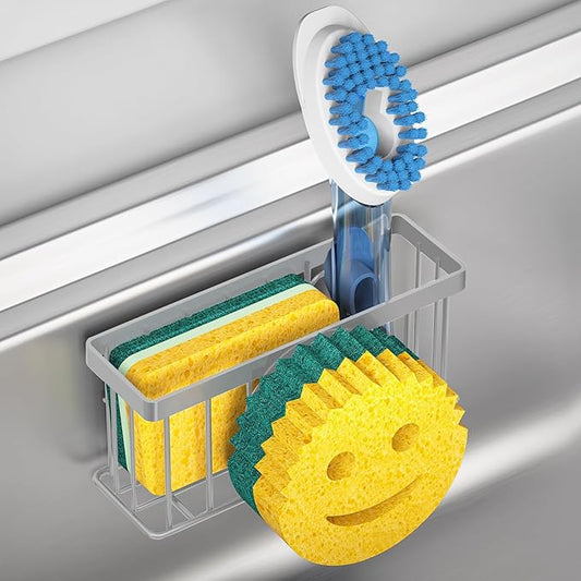 Sponge Holder Smiley Face, Kitchen Organizer with 2 Suction Cups/1 Adhesive Strips,Designed for Sponge,Soap,Dish Brush,Scrubber - Gray