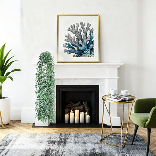 Artificial Hanging Plants for Shelf, Fake Potted Greenery 2-Pack Faux Eucalyptus Vine in Black Pot, Décor for Office Living Room Bathroom Indoor Outdoor