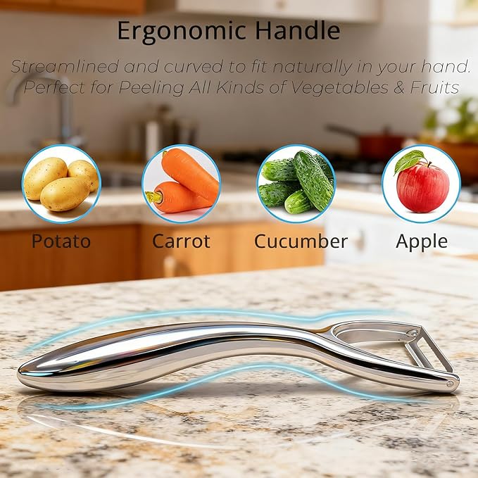 Vegetable Peeler with Ergonomic Handle, Premium 18/8 Stainless Steel Potato Peeler, Ultra Sharp Serrated Blade Peeler for Veggie, Carrot, Apple, and Cucumber, Rust-Resistant, Dishwasher Safe