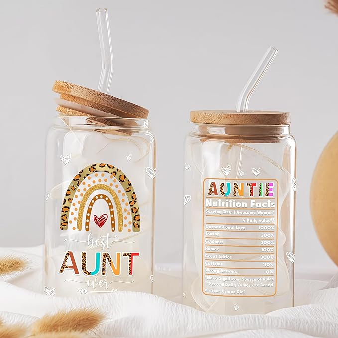 Aunt Gifts from Niece Nephew 16 Oz Coffee Glass Cup with Lid and Straw Aunty Glass Can Christmas Gift for Auntie New Aunts To Be Aunts Announcement Mothers Day Birthday