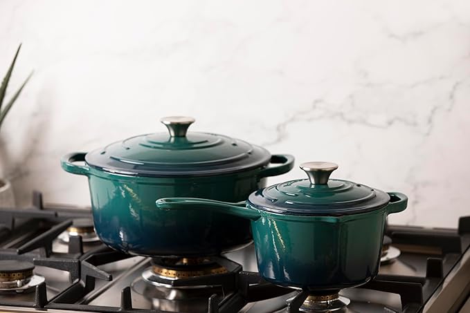 Larder & Vine 4-Piece Enameled Cast Iron Set, Oven Safe and Suitable for All Cooktops – includes 5.7 Quart Dutch Oven Pot with Lid and 2.2 Quart Saucepan with Lid (Bondi)