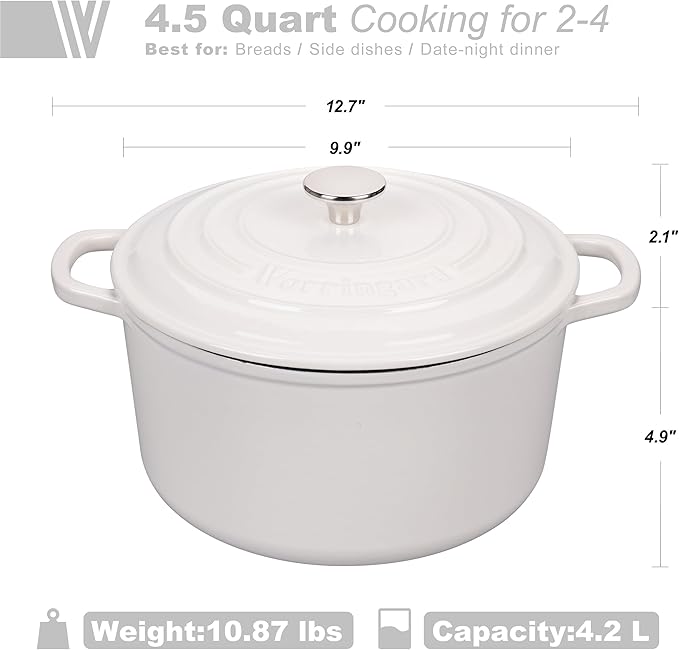 VORRINGARD Enameled Cast Iron Dutch Oven Pot with Lid, for Sourdough Bread Baking, Round Dutch Ovens, 4.5 Quart, White