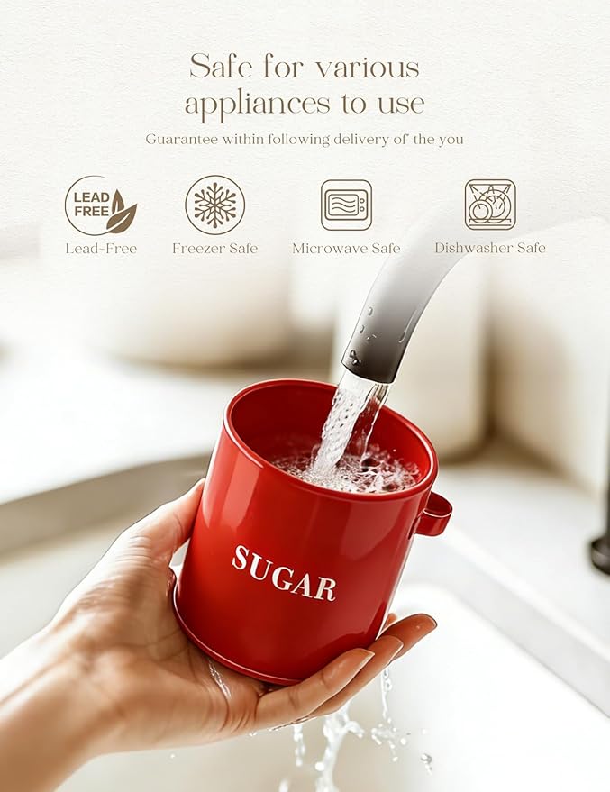 AISBUGUR Sugar Bowl with Lid and Spoon: 17oz Metal Sugar Container - Airtight Food Sugar Jar - Coffee Bar Accessories - Countertop Kitchen Decor (Red)