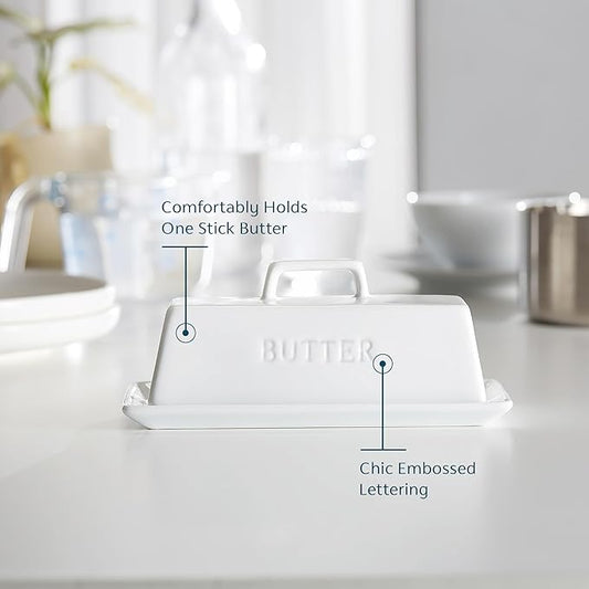 Butter Dish with Lid for Countertop, by Kook, Ceramic Dish Tray with Cover, Kitchen Keeper, Container, Holder (White)