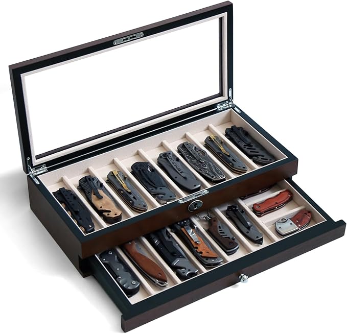 Bonaking Knife Display Case Two-Tier Pocket Knife Case Box Storage for 15-17 Pocket Knives Pocket Knife Collection Case Organizer for Men Gift with Walnut Finish and Glass Window