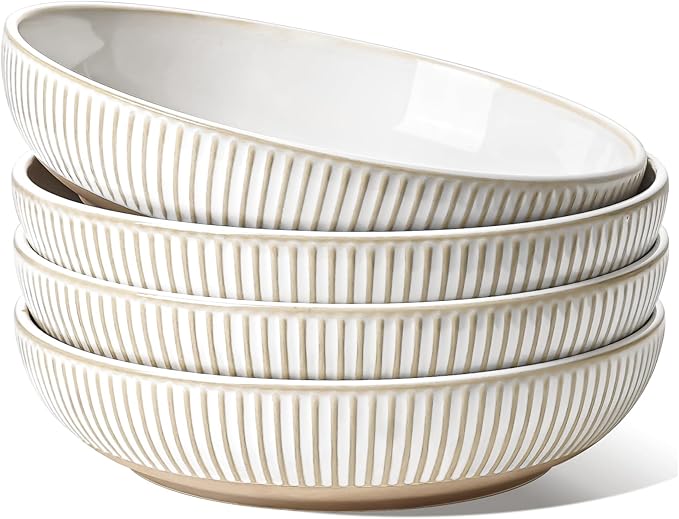 LE TAUCI Pasta Bowls 46oz, Large Salad Bowl, Ceramic Embossment Stoneware Serving Plate for Fruits, Noodle, Dinner, House-warming Wedding Present - 9 Inch, Set of 4, Arctic White