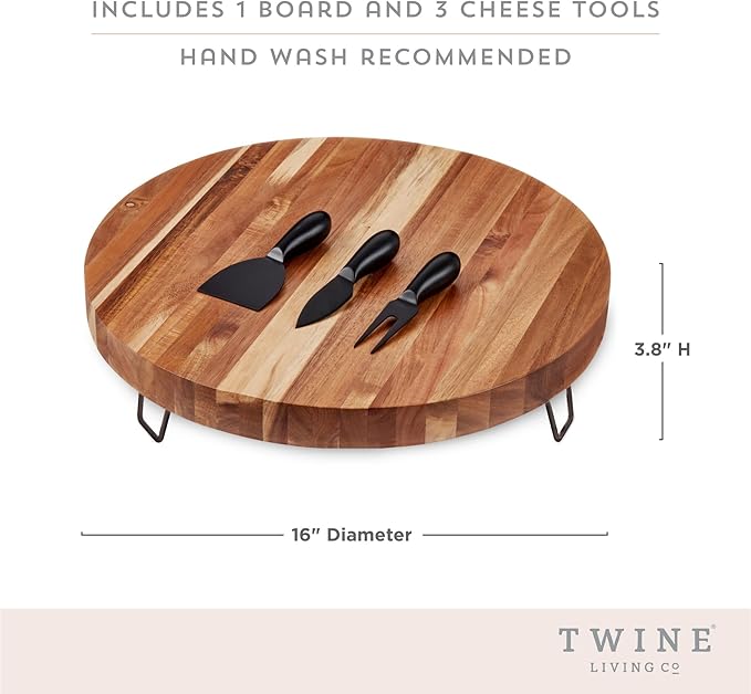 Twine Acacia Cheese Board and Knife Set, Footed Cheese Snack Tray and Cheese Knives Set Cooking Accessories, 16inch Diameter