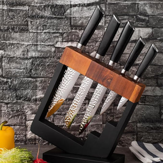 5-Piece Kitchen Knife Set with Block - Stainless Steel Sharp Blade, Wooden Handle Knifes Holder, Bread/Fruit/Meat/Chef Knives, Gifts for Women Men (Hammered Texture)-5
