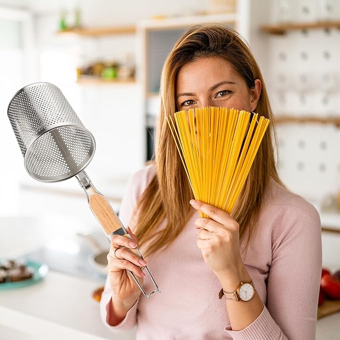 Tessco for you 6 Pcs Stainless Steel Pasta Basket with Wood Handle Pasta Strainer Kitchen Mesh Spider Noodle Strainer Skimmer Food Dumpling Noodle Blanching Basket(4.7 Inch,Light Wood Color)