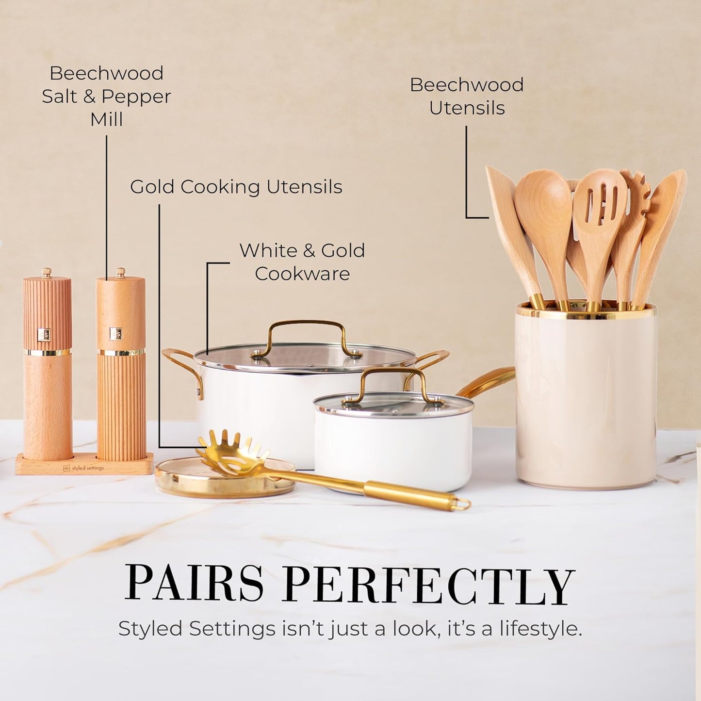STYLED SETTINGS Beige Utensil holder - Large Ceramic Utensil Crock for Kitchen Counter – Stylish Cooking Utensil Storage & Gold Spoon Rest – Kitchen Organization & Farmhouse Décor