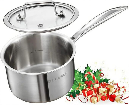 DELARLO Stainless Steel Small Brushed Saucepan With Lid, Induction Cooking Sauce Pot Pan, Full-body Clad Tri-Ply Heavy Bottom Saucier Cookware, Dishwasher Safe & Oven Safe(2 Quart)