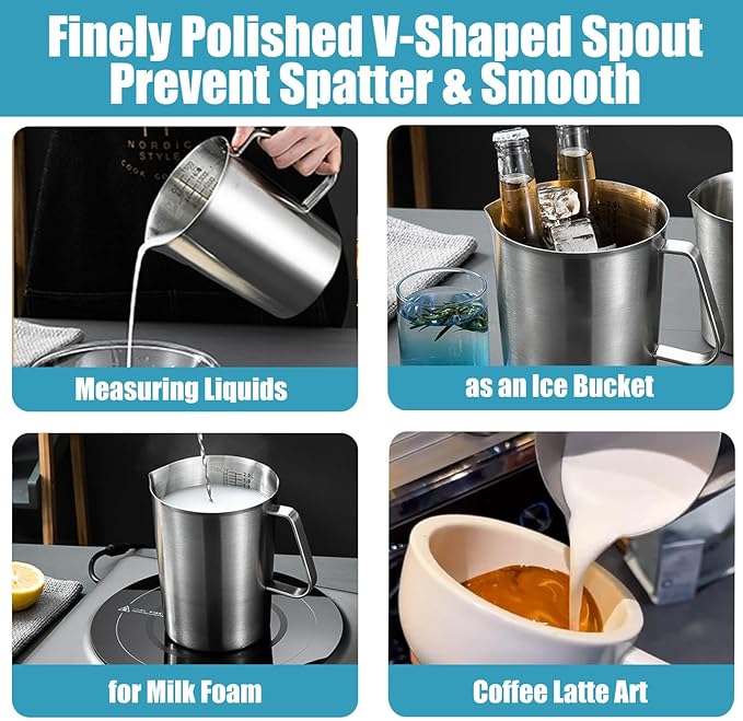 Stainless Steel Pitcher with Lid, 70 oz Metal Measuring Cup with Marking with Handle, 2 L Large Mouth Graduated Beakers, Milk Frothing Jug for Espresso Machines, Latte Art, Iced Tea, Hot/Cold Water