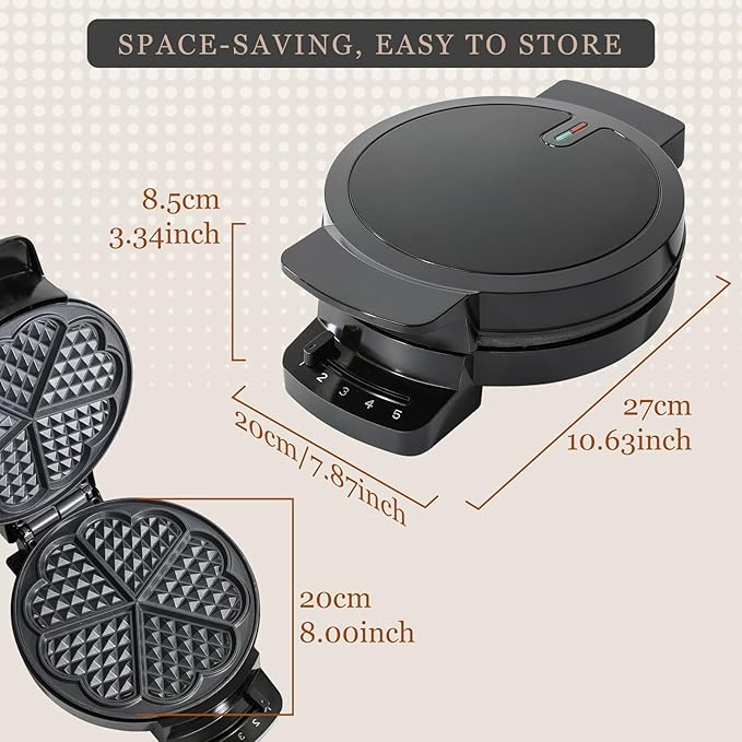 Heart Waffle Maker, Heart Shaped Waffle Iron 5 Slices, Mini Waffle Makers with 8'' Non-stick Plates, Adjustable 5 Browning Control, Cool Touch Handle, Easy to Clean, Valentine's Day Gift, 1000W