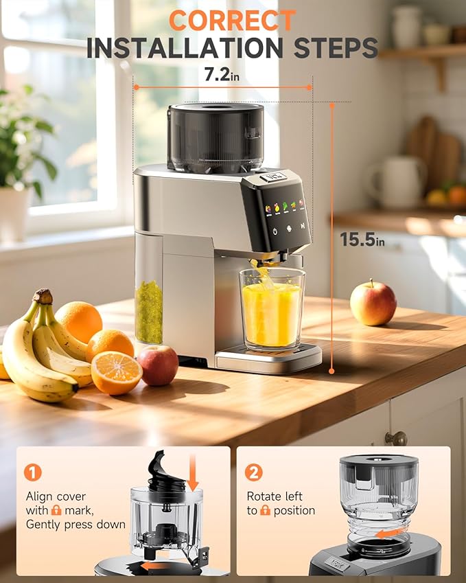 Cold Press Juicer with Large 5.12" Feed Chute- Slow Masticating Technology for Nutrient Retention, Quiet Motor, High Juice Yield, Leakproof Base- Perfect for Fruits Vegetables & Leafy Greens-Grey