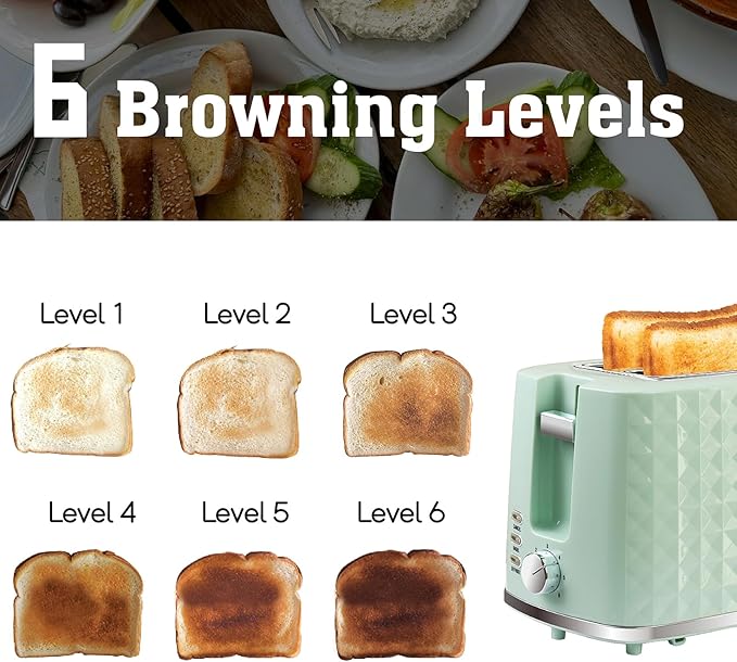 Seydere Toaster 2 Slices, Toasters Wide Slot, Bread Toaster with Cancel, Bagel, Defrost Function, Bagel Toasters with Removable Tray & 6 Temperature Settings, Green