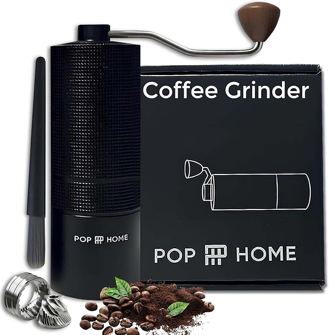 Pop and Party Manual Coffee Grinder - Stainless Steel Conical Burr Hand Mill for Espresso & French Press - Adjustable & Portable