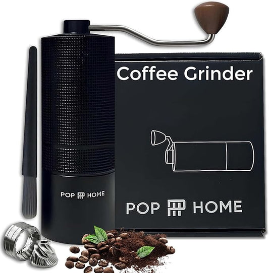 Pop and Party Manual Coffee Grinder - Stainless Steel Conical Burr Hand Mill for Espresso & French Press - Adjustable & Portable