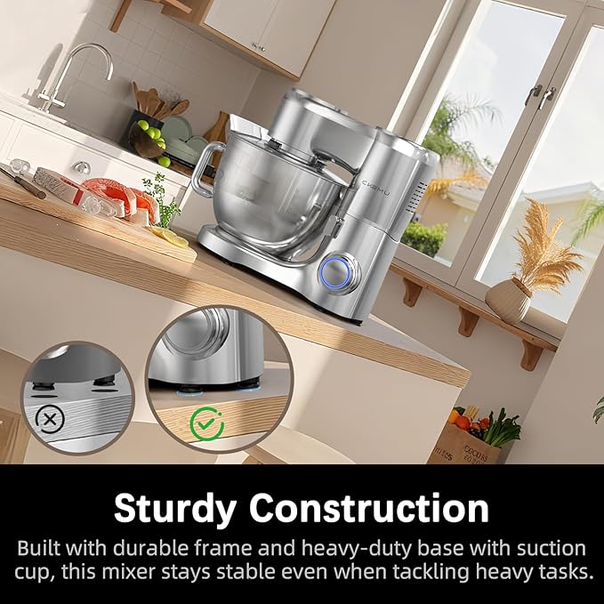 CKEMU Stand Mixer, 9-Quart Stainless Steel Bowl, 660W Professional Power, Multiple Speed Options, Sturdy Design, Easy to Clean, Lifetime Support, SM-1550(Silver)