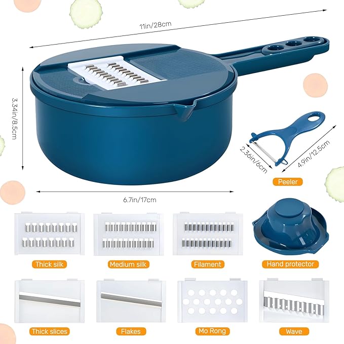 Mandoline Food Slicer, Multifunctional Vegetable Slicer Cutter with Hand Protector, Vegetable Shredder for Potato, Tomato, Carrot (Blue-7 in 1)
