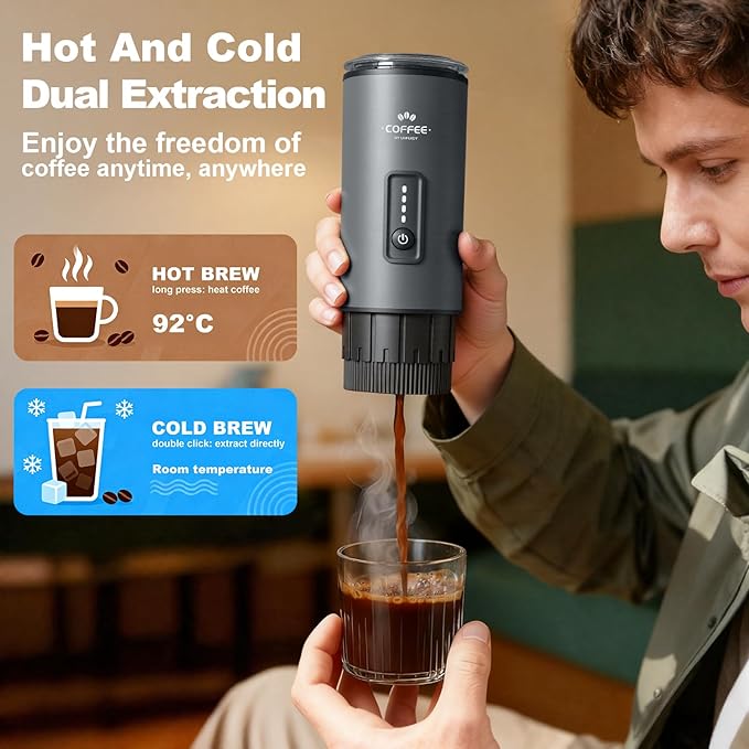 Uiifuidy Portable Coffee Maker, 3 in 1 Electric Espresso Machine Set, Rechargeable Self-Heating Brewer with Carrying Bag and Coffee Stand for Office Camping, Hiking