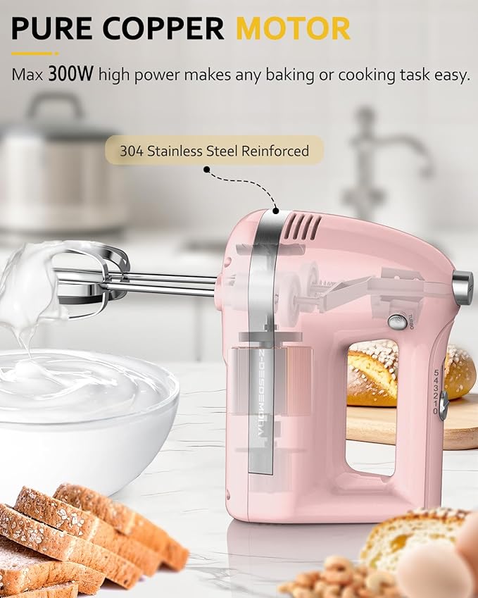 Z-DESDEMONA Electric Hand Mixer, Powerful 300W Hand Mixer Electric Handheld with 304 Beaters, Dough Hook,Hand Held Mixer with Turbo for Baking Cakes, Eggs, Cream Food(Pink)