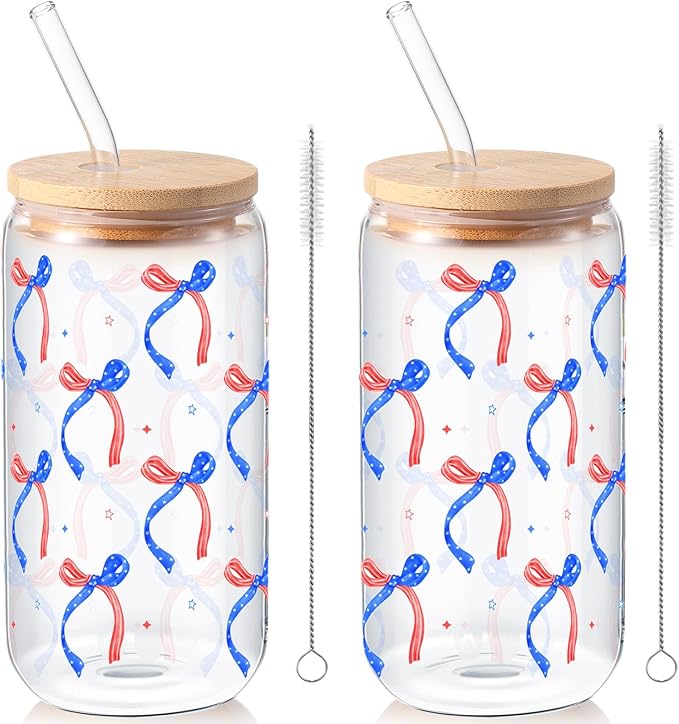 Sliner 2 Pcs Veterans Day Glass Cups Patriotic Bow Gifts Drinking Tumbler 16 oz Iced Coffee Cup with Lid Straw Cleaning Brush for 4th of July Independence Day Summer Home Office Decorations