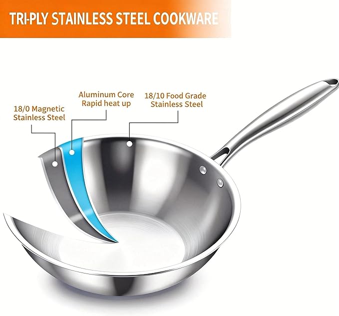 DELARLO Tri-Ply Stainless Steel Woks, 12 Inch Healthy Non-Toxic Cooking Wok Pan with Lid, Wide & Deep Cookware Stir-Fry Pans, Dishwasher and Oven Safe Up To 600°F, Works on Induction
