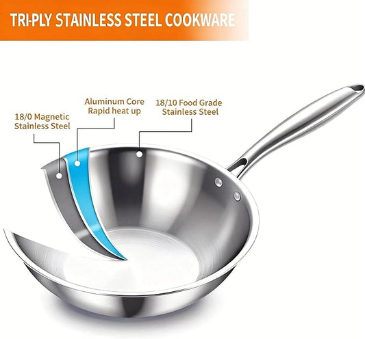 DELARLO Tri-Ply Stainless Steel Woks, 12 Inch Healthy Non-Toxic Cooking Wok Pan with Lid, Wide & Deep Cookware Stir-Fry Pans, Dishwasher and Oven Safe Up To 600°F, Works on Induction