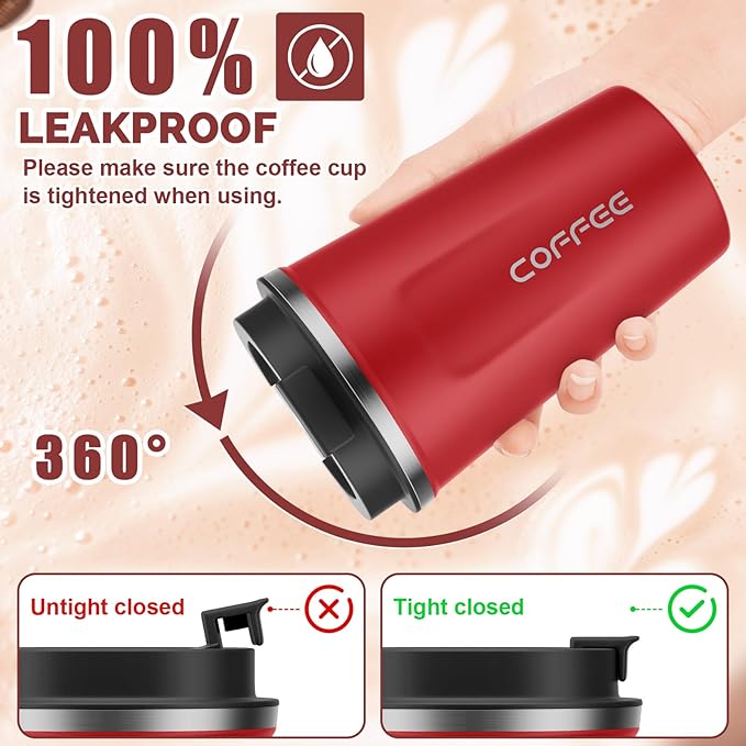 MOMSIV 12oz Travel Mug, Insulated Coffee Cup with Leakproof Lid, Vacuum Stainless Steel Double Walled Reusable Tumbler for Hot and Cold Water Coffee and Tea In Travel and Car(Red-380ml)