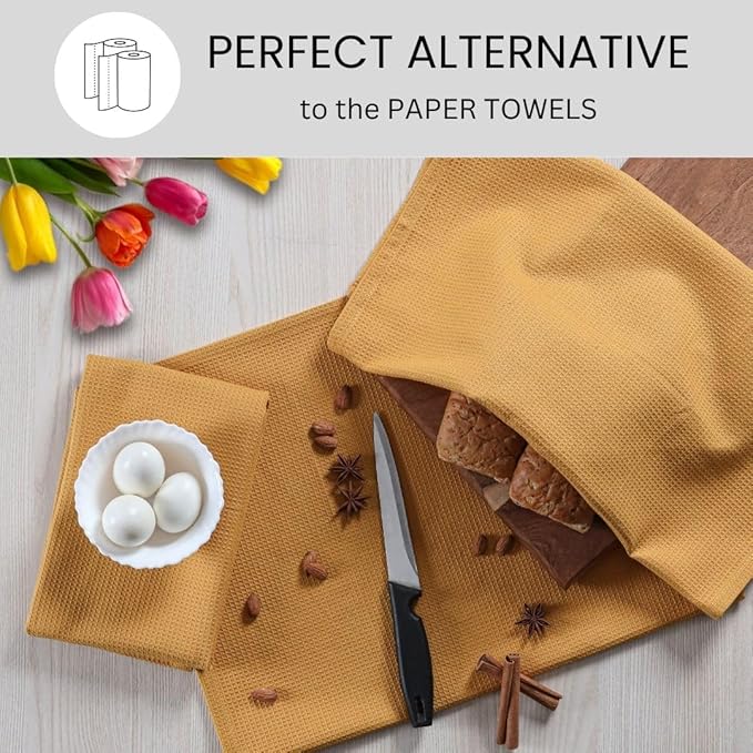 Waffle Kitchen Towels 100% Cotton Set of 4-320 GSM Quality - Soft Absorbent Durable Washable Dish Cleaning Towel for Kitchen & Home - Quick Drying Dish Towel 16x26 inch Mustard Yellow