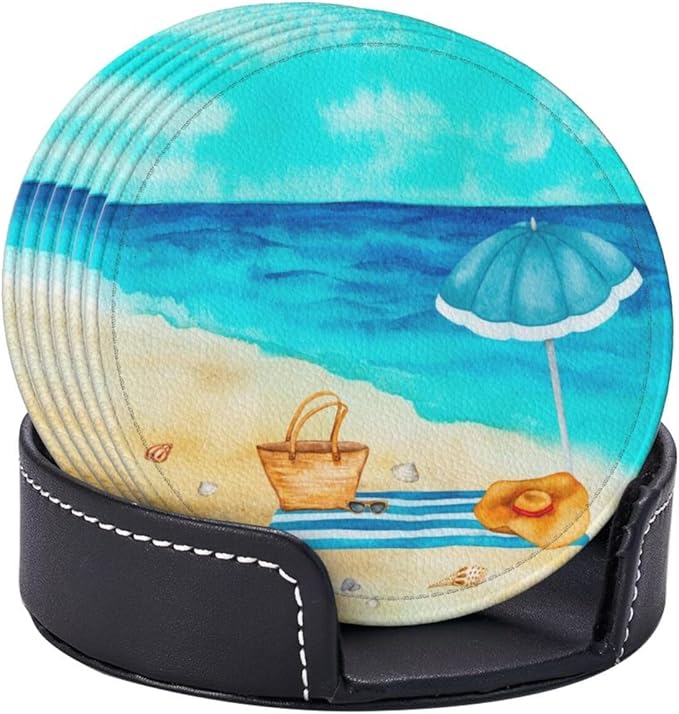 Summer Beach Leather Drink Coasters Set of 6 with Holder Ocean Scene Print Round Cup Coaster for Table Decor
