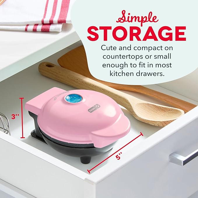 Dash Mini Waffle Maker- Compact Electric Iron for Creative Homemade Treats - PTFE nonstick surface - Easy-to-Clean - Perfect for Kids & Families - Pink