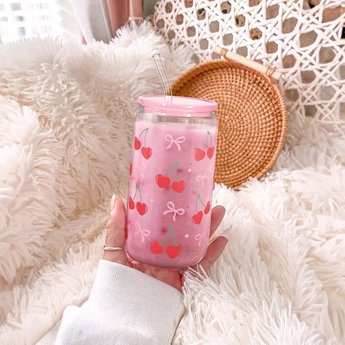 SANDJEST Cherry 16 Oz Can Glass Tumbler with Acrylic Lid and Straw - Iced Coffee Cups for Women, Aesthetic Glass Cup Gift for Birthday Christmas