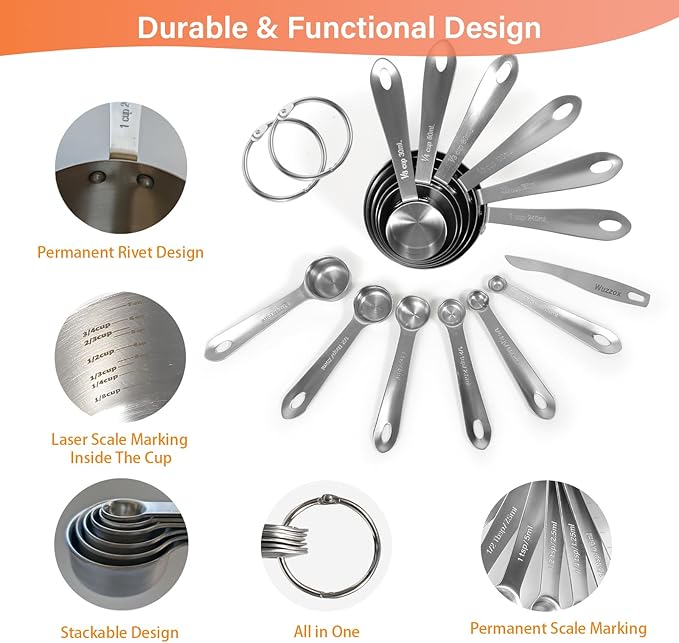 Stainless Steel Measuring Cups & Spoons Set of 13, Stackable Metal Measuring Cups & Spoons, Kitchen Gadgets for Cooking & Baking