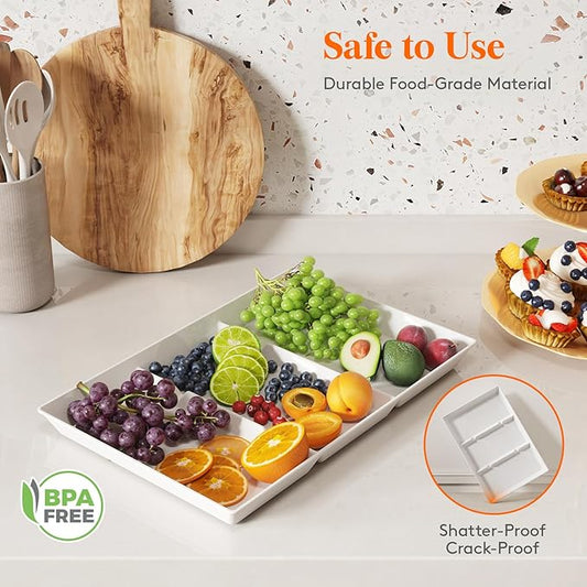 Lifewit Serving Tray Divided for Party Supplies, 3 PCS 15" x 10" Plastic Platters for Serving Food, White Reusable Tray for Veggie, Snack, Fruit, Cookies, Desserts in Kitchen/Pantry