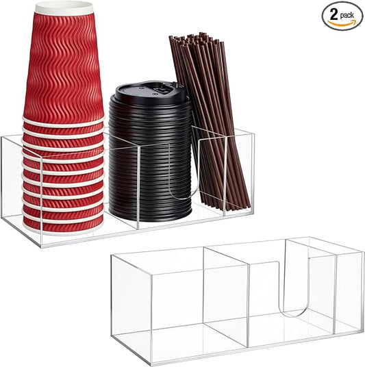2 Pcs Acrylic Coffee Cup Holder with 3 Compartments Coffee Cup Dispenser for Countertop Plastic Lid Holder Station Organizer Accessories for Kitchen Bar Shop Farmhouse Table(Clear)