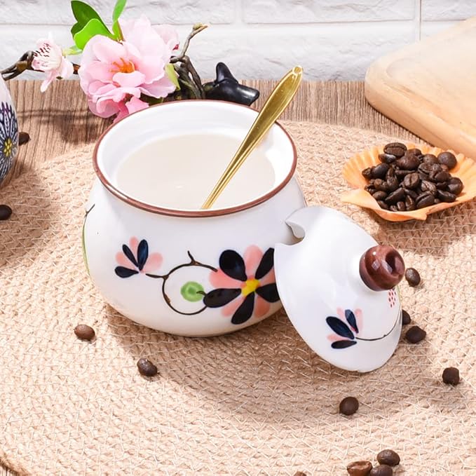 Porcelain Sugar Bowls with Lid and Spoons, Ceramic Seasoning Container for Home and Kitchen (LH)
