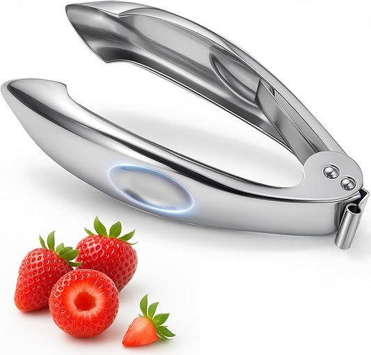Strawberry Huller, 304 Food-Grade Stainless Steel Stem Remover with Safety Lock, Ergonomic Non-Slip Grooved Handle, Dishwasher Safe (High Heat), De-Stems Strawberries, Tomatoes & More