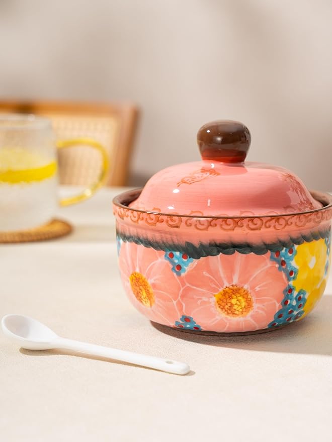 silesia Handmade Sugar Bowl with Lid and Spoon, 10 Ounce Ceramic Hand-Painted Sugar Jar for Kitchen in Gift Box, Kitchen Decor, Oven, Dishwasher & Microwave Safe, Glazed Pink