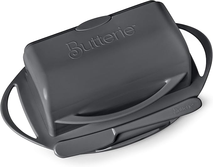 Butterie Flip-Top Butter Dish with Lid & Matching Knife, Holds 2 Sticks/European Butter, No-Mess Butter Holder, Shatterproof, Dishwasher Safe, Grey