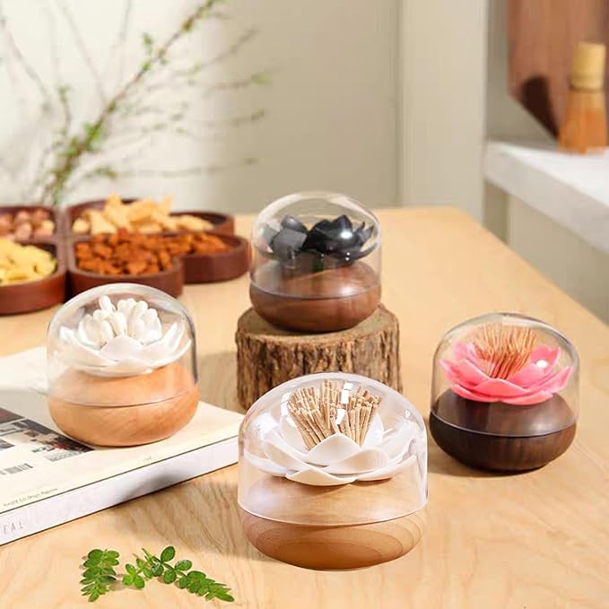 Toothpick Holder Dispenser Lotus Q tip Holder Wood Toothpick Holder, Tooth Picks Beech Toothpick Holders White Flower Decorative for Kitchen Table Decorations Cute Gifts -with 80 Toothpick