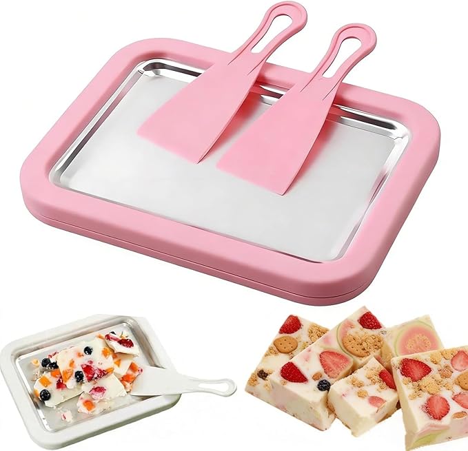 Rolled Ice Cream Maker, Portable Instant Rolled Ice Cream Tray with Dual Scrapers, DIY Rolled Ice Cream Homemade Italian Ice Cream, Sorbet, Frozen Yogurt tray (Pink)