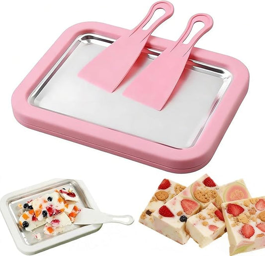 Rolled Ice Cream Maker, Portable Instant Rolled Ice Cream Tray with Dual Scrapers, DIY Rolled Ice Cream Homemade Italian Ice Cream, Sorbet, Frozen Yogurt tray (Pink)