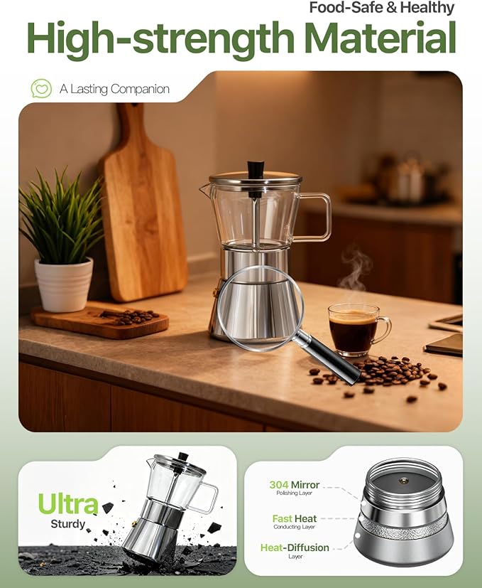 Grasseed Crystal Glass-Top Moka Pot, Polished Stainless Steel Stovetop Espresso Maker for Italian Coffee - 6 Cup/240ml/8.4oz