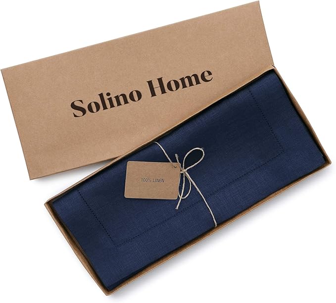 Solino Home Linen Navy Blue Table Runner 144 Inches Long - 100% Pure Linen Extra Long Table Runner 14 x 144 Inch for Easter - Classic Hemstitch